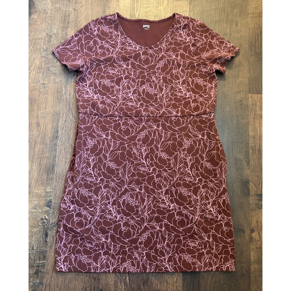 Duluth Trading Co Floral V-Neck Pocket Dress Burgundy Pink Large 90837